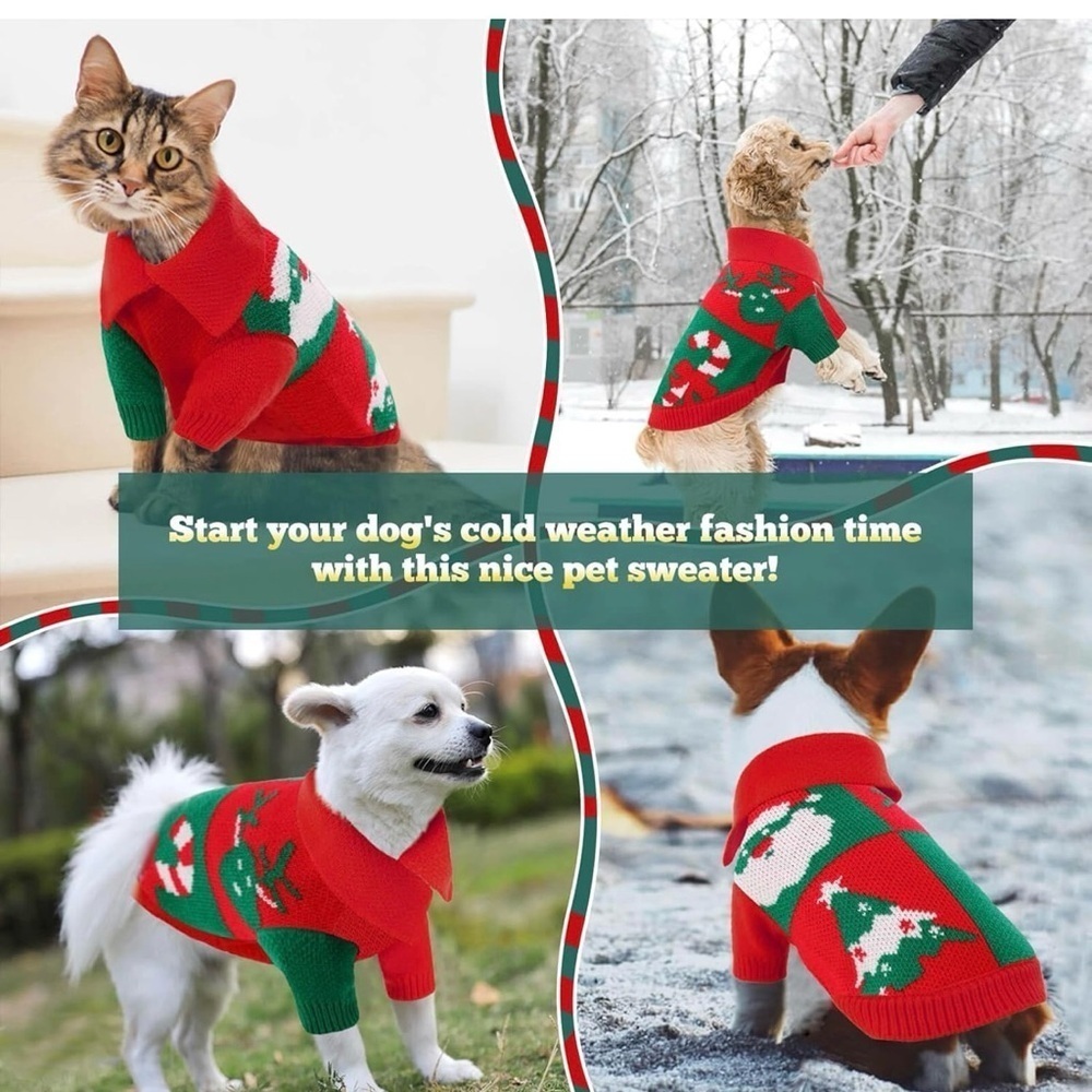 Dog Sweater, Christmas Sweater Warm Winter Plaid Knitwear with Leash Hole - Picture 5 of 7